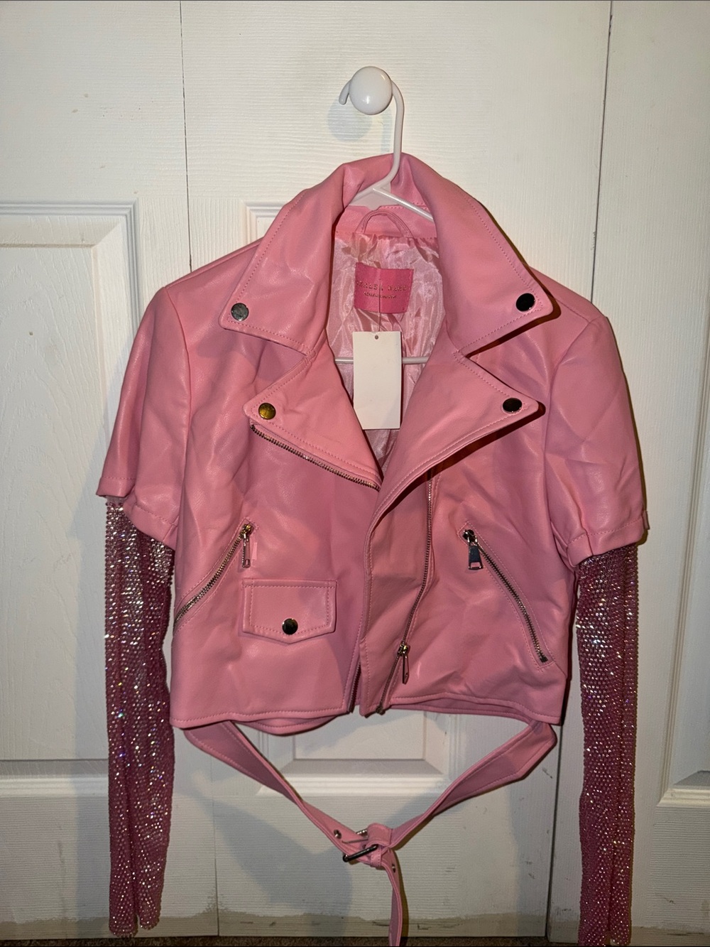 Women's Pink Moto Jacket with Sequin Sleeves
